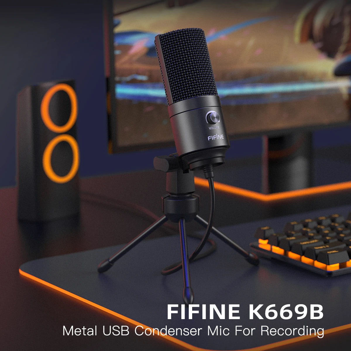 FIFINE USB Condenser Microphone with Gain Knob, Metal Recording Mic for Home Studio, Podcasting, Voice-over, Laptop, Windows - K669