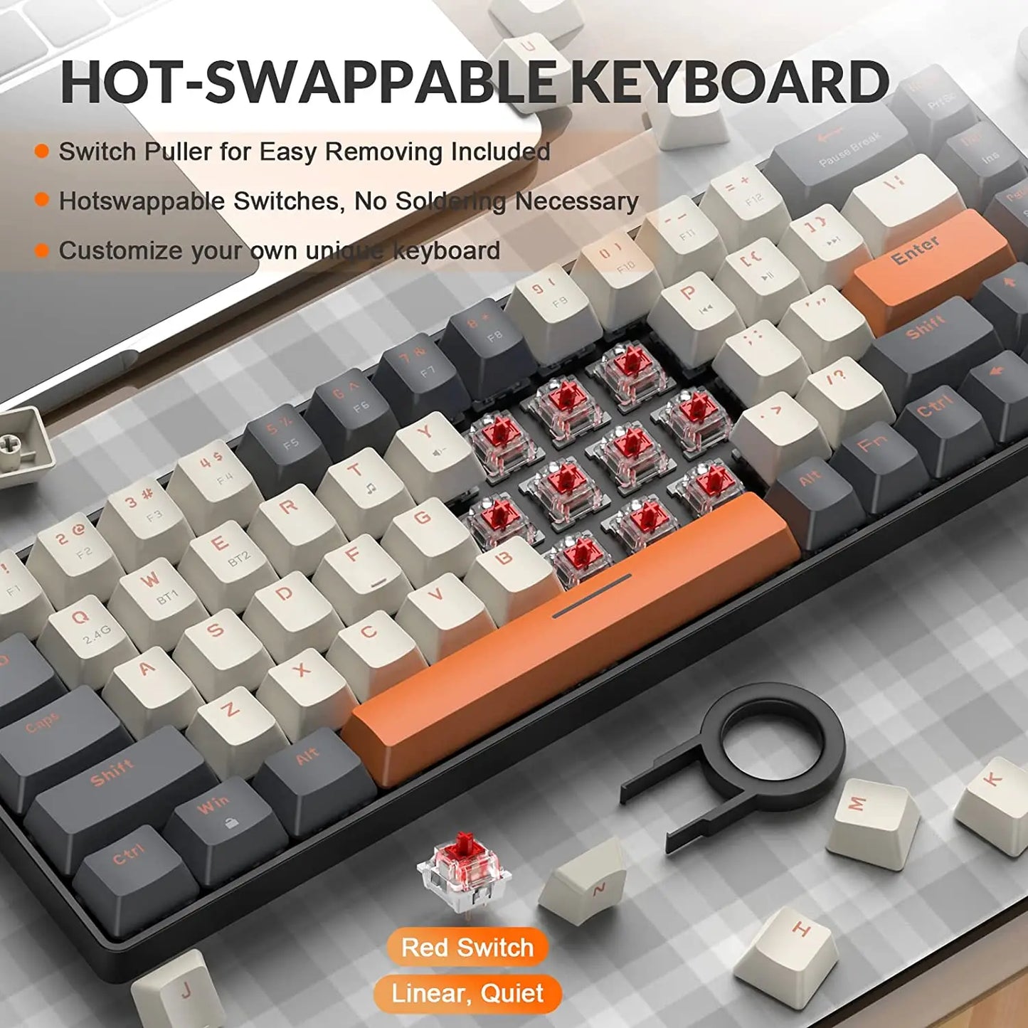 60% Wireless Mechanical Keyboard – Dual Mode Bluetooth Hot-Swappable 68-Key Red Switch for PC, PS4, Xbox, iPhone & iPad