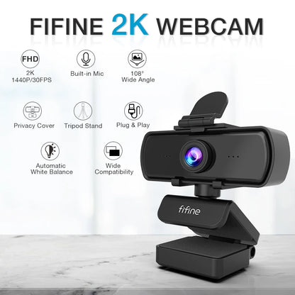 FIFINE 1440p Full HD Webcam with Microphone & Tripod – USB Webcam for Desktop & Laptop, Live Streaming, and Video Calling