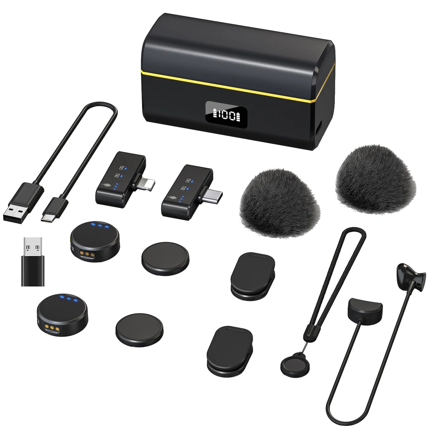 100M Wireless Microphone – Professional Magnetic Lavalier Microphone with Charging Box and Noise Reduction