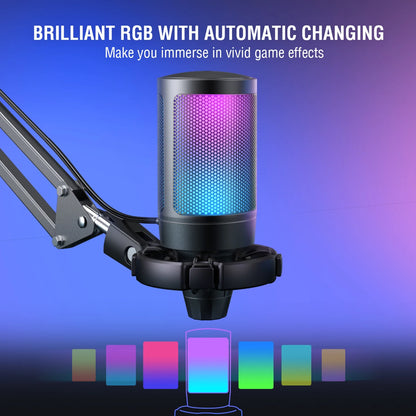 FIFINE USB Gaming Microphone Kit for PC/PS4/PS5 with RGB, Arm Stand & Mute Button