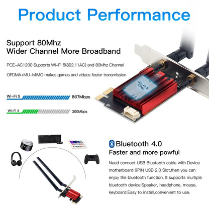 FENVI WiFi 5 PCI-E Wireless Adapter – AC1200 Dual Band Network Card with Bluetooth 4.0 for Desktop & Laptop Windows 10/11 Compatible