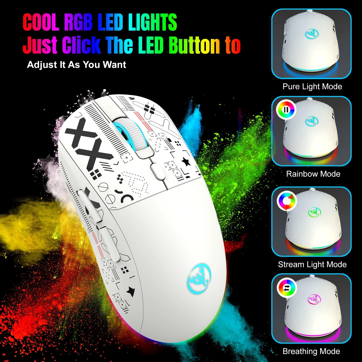 HXSJ T90 Silent Wireless Gaming Mouse – RGB Backlit, 3 Modes, Ergonomic Design, Rechargeable