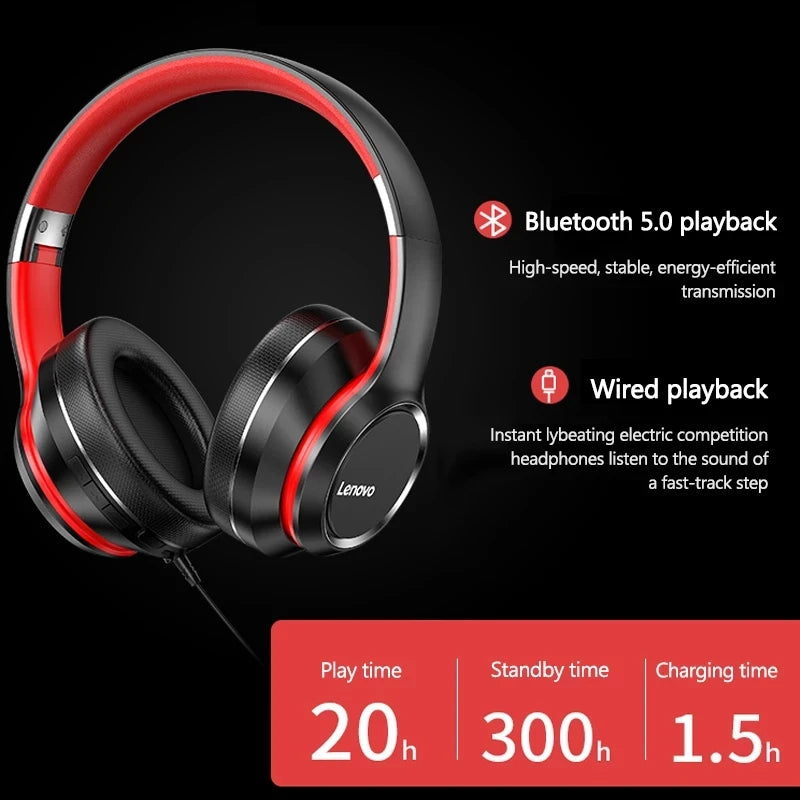 Lenovo HD200 Bluetooth Earphones – Over-Ear Foldable Wireless Headphones with Noise Cancellation, HIFI Stereo Gaming Headset