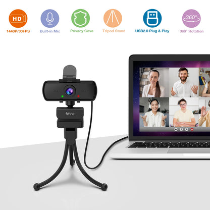 FIFINE 1440p Full HD Webcam with Microphone & Tripod – USB Webcam for Desktop & Laptop, Live Streaming, and Video Calling