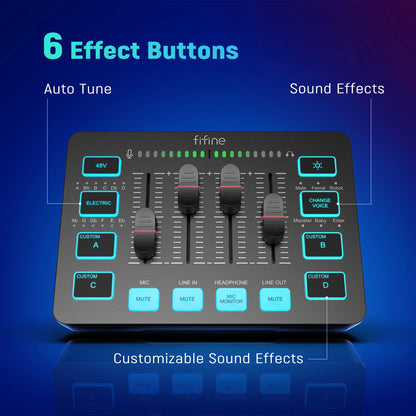 FIFINE Gaming Audio Mixer – 4-Channel RGB Mixer with XLR Microphone Interface